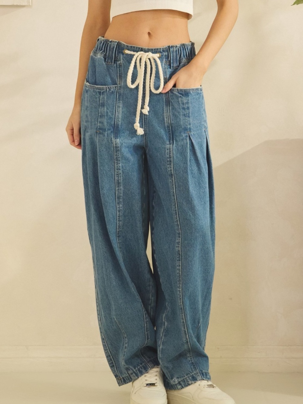 Sage + Fig Medium Wash Stretchy Waist Wide leg Denim Jean Joggers - Picture 6 of 6